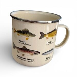 Enameled steel coffee cup with illustrated fish
